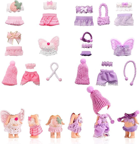 10 Sets 3in/7.5-8cm Doll Clothes Outfits, Including Tiny Tops Skirts Pants Hats Scarfs Wings Small Doll Fashion Accessories Mini Baby Costume for Display & Decoration (Pink, Purple)
