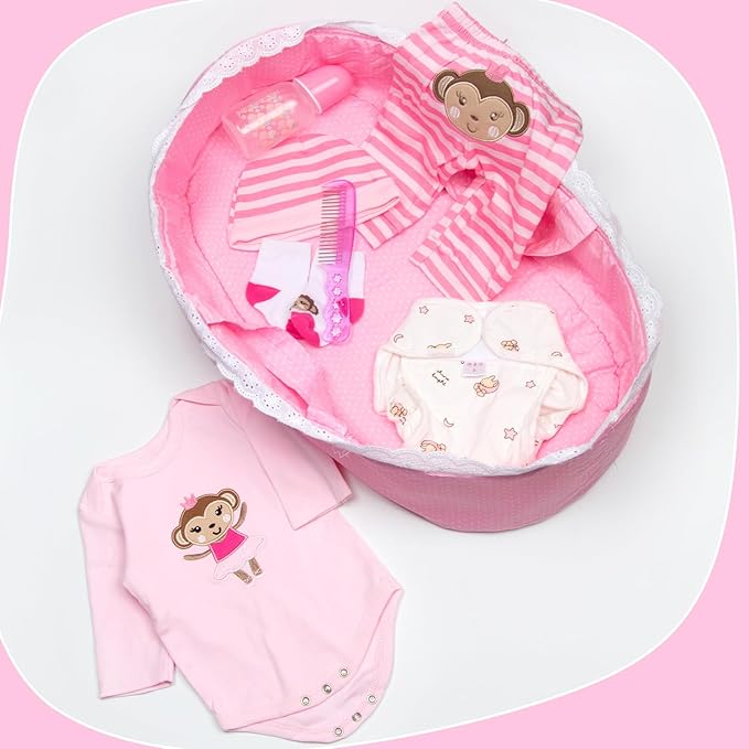 8-Pieces Reborn Baby Doll Clothes with Bassinet for 17-22 Inches Baby Dolls Pink Monkey Pattern Dolls Clothes Outfits Accessories Newborn Baby Girl