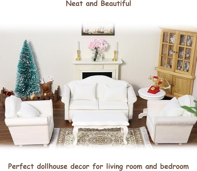 Dollhouse Couch Miniature Furniture Sofa with Pillows for Living Room Desktop Decoration Fabric Sofa Mini Home Scene Accessories Ornament (Sofa Set, White)