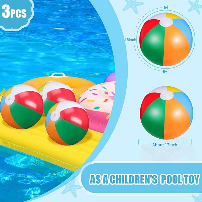 Tatuo Beach Balls 3 Pcs 12 Inch Inflatable Ball Beach Ball Swimming Pool Ball Enjoyable Pool Float Balls for Outdoor Activity Birthday Summer Party Favors Water Toys (Classic Style)