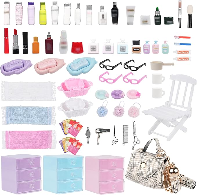 BeadRiver 77Pcs Dollhouse Bathroom Accessories Set - Miniature Makeup & Toiletries with Storage Cases, Handbag, Hair Dryer - 1:12 Scale Doll House Decor for Girls