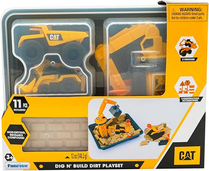 CAT Dig N’ Build Dirt Playset – 12 oz Moldable Dirt Compound, Working Crane, 2 Little Machines Vehicles, Construction Molds & Easy-Cleanup Tray, Sensory STEM Toy for Kids Ages 3 +