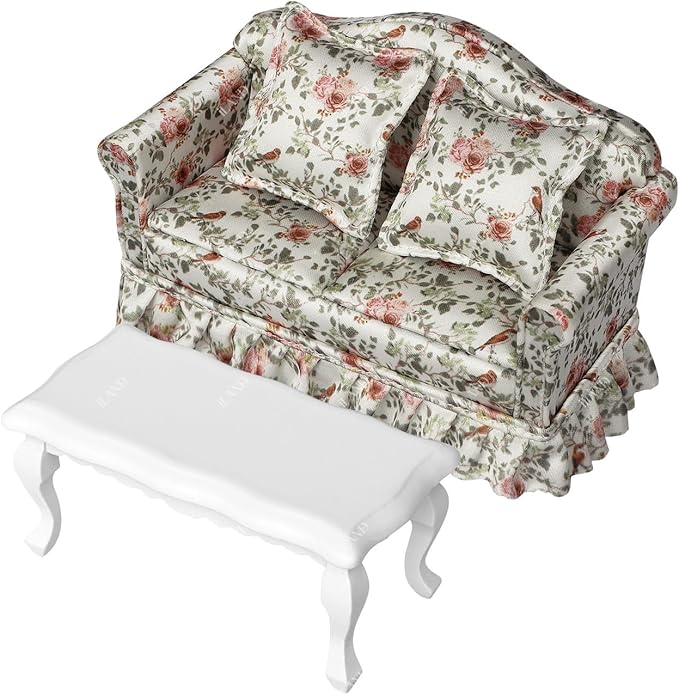 iLAND Dollhouse Furniture of Miniature Couch with Coffee Table the Beautiful Doll House Furniture Set fit 1/12 scale accessories, Elegant Rose and Birds Customized Fabric and Amazing Pleated Handiwork