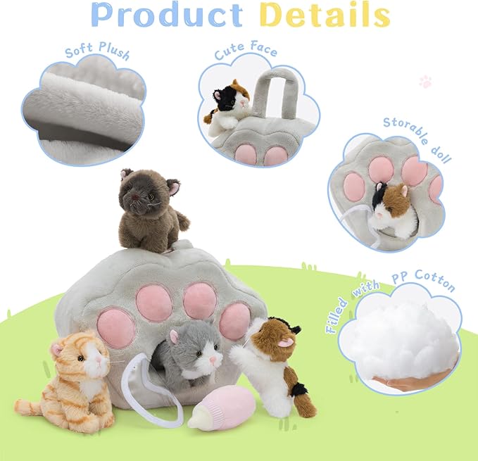 Tezituor 7Pcs Cat Stuffed Animal Set,Plush House with 4 Soft Realistic Kitten Toys,Cats Plushies for Kids Christmas Birthday Halloween Pet Gift – Interactive & Travel-Friendly Kitties Carrier Playset