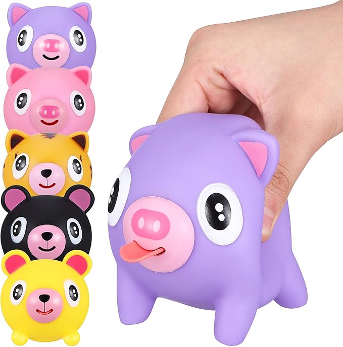 Toyvian 5Pcs Stress Squeeze Toys Pig Shape with Tongue Out for Kids Adults Cute Decompression Animal Balls for Office Home Party Relaxation