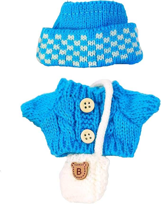 17cm Doll Clothes Set for Lububu,Cute Outfits with Hand-Crocheted Blue Sweater , Hat and Mini Bag, Designer Clothing and Accessories for 15cm Have a Seat Series Doll Display and Dress-Up