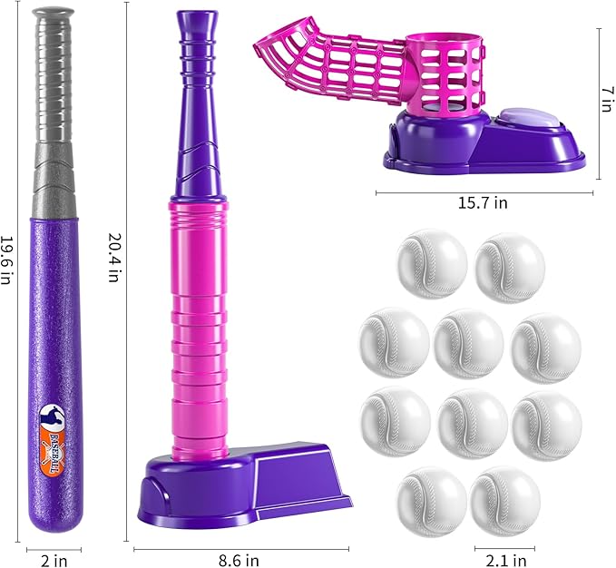 2 in 1 T Ball Sets for Kids 3-5,Tee Ball Set with 10 Balls,Step on Pitching Machine,Teeball Batting Tee,Baseball Toys Outdoor/Indoor Sport Toys Gift for 3 4 5 6 7 8 Year Old Kids Girls