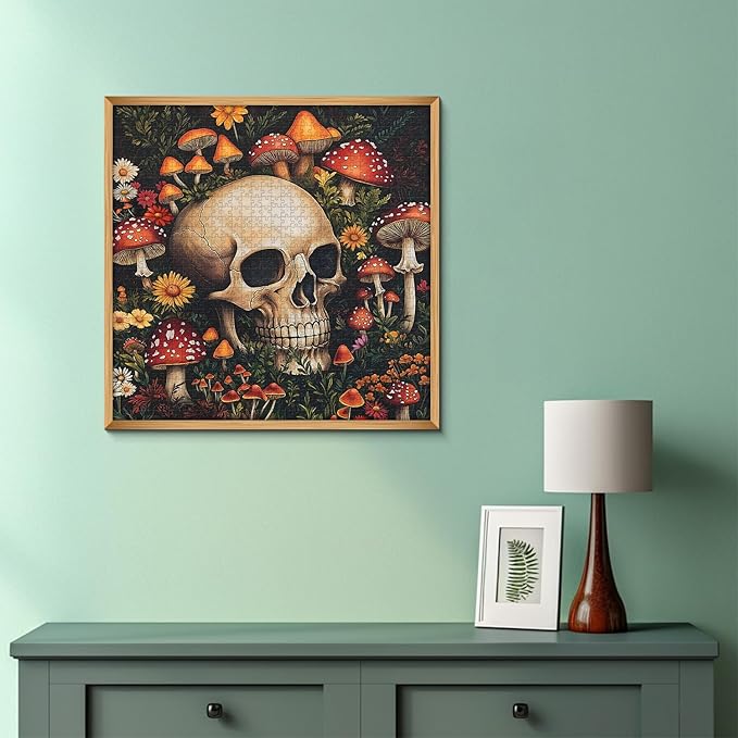 Vintage Mushroom 1000 Piece Puzzle for Adults, PICKFORU Horror Jigsaw Puzzles Skeleton Skull, Colorful Wildflower Puzzles for Adults, Terror Skull Puzzle as Mushroom Art