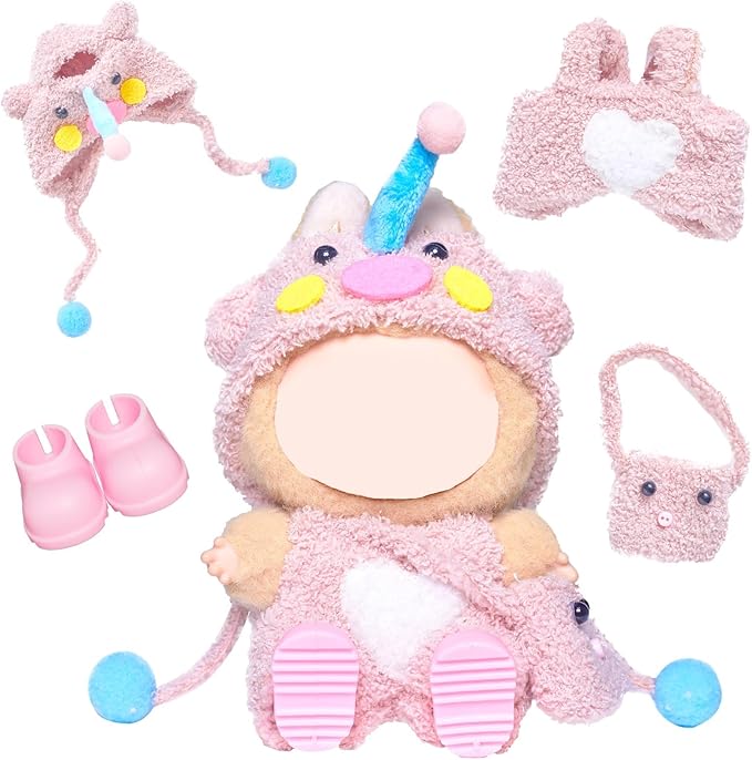 Clothes for Labubu 17cm Doll (NO Doll), 6 Piece Labubu Clothes Set, Cute Labubu Outfits with Accessories, Handmade Crochet La Bubu Doll Dress Up Set（Pink Elephant）