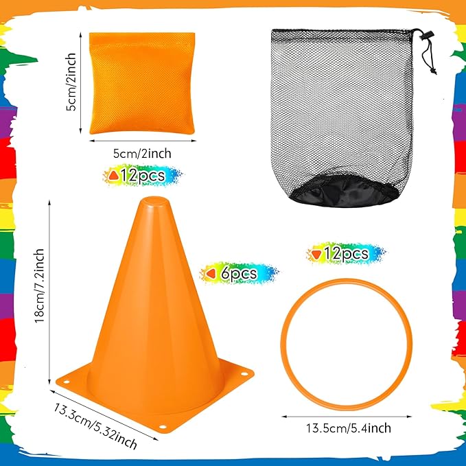 43 Pcs 3 in 1 Carnival Outdoor Games Combo Set Include 6 Plastic Cones, 12 Rings, 12 Bean Bags, 12 Plastic Balls, 10 Feet Play Parachute for Holiday Carnival Party Play Game Decor Supplies
