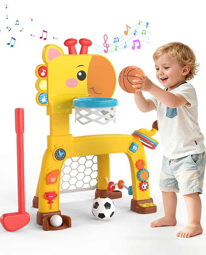 4-IN-1 Toddler Golf Ring Toss Basketball Hoop & Soccer Goal Sport Toys for 1-3 Year Olds, Baby Activity Center with Lights Bilingual Music & Vol Ctrl Gift for Boys Girls(H 24.4"-27.5") (Yellow)