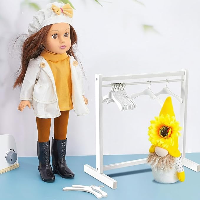 Civaner 11 Pcs Doll Garment Rack with Wooden Clothes Hanger for 18 Inch Girl Doll Clothes Mini Hangers Wardrobe Furniture Accessories for Dollhouse Baby Shower Supplies (White)