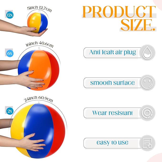 Sratte 20 Pcs Inflatable Beach Balls Bulk, Multiple Sizes Summer Swimming Pool Balls for Adults Hawaii Luau Party Supplies(Rainbow,Classic)