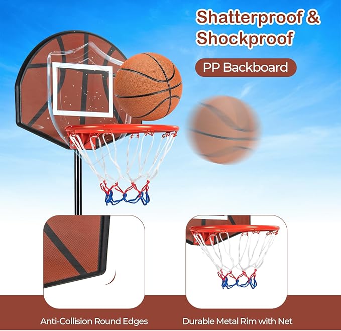 GYMAX Kids Basketball Hoop with Dart Board, 3.2-4.8 FT Adjustable Indoor & Outdoor Toddler Basketball Hoop with Fillable Base & 6 Darts, Toy Basketball Goals for 3 4 5 6 7 8 Years Boys Girls Gift