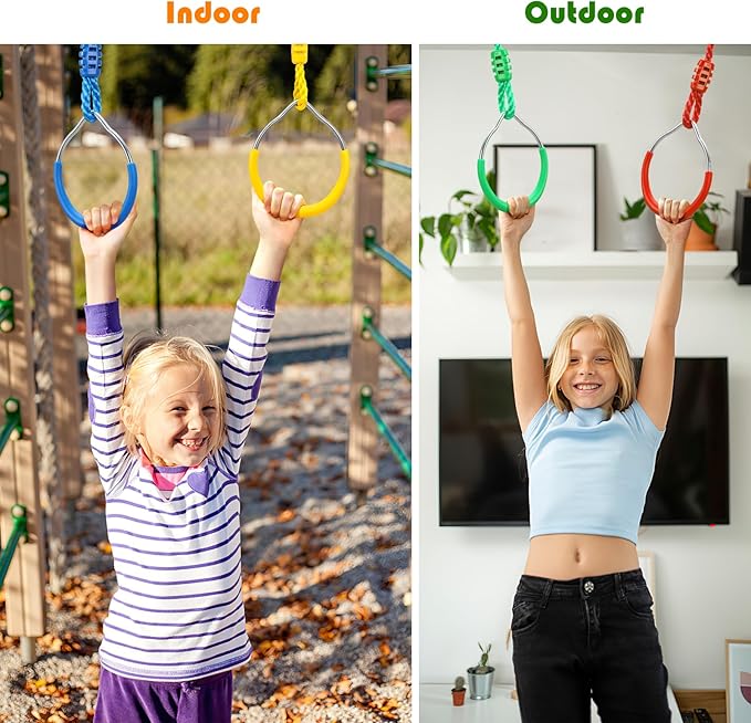 PELLOR Multi-Color Ninja Rings, Gymnastic Rings Backyard Playground Training Equipment Play for Kids & Adults, Swing Bar for Backyard Ninja Warrior Obstacle Course Kits