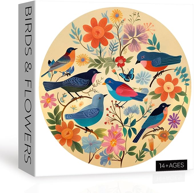 Vintage Bird Puzzles for Adults 1000 Pieces, Round Flower Jigsaw Puzzle Birds, Circle Plant Floral Jigsaw Puzzle Nature