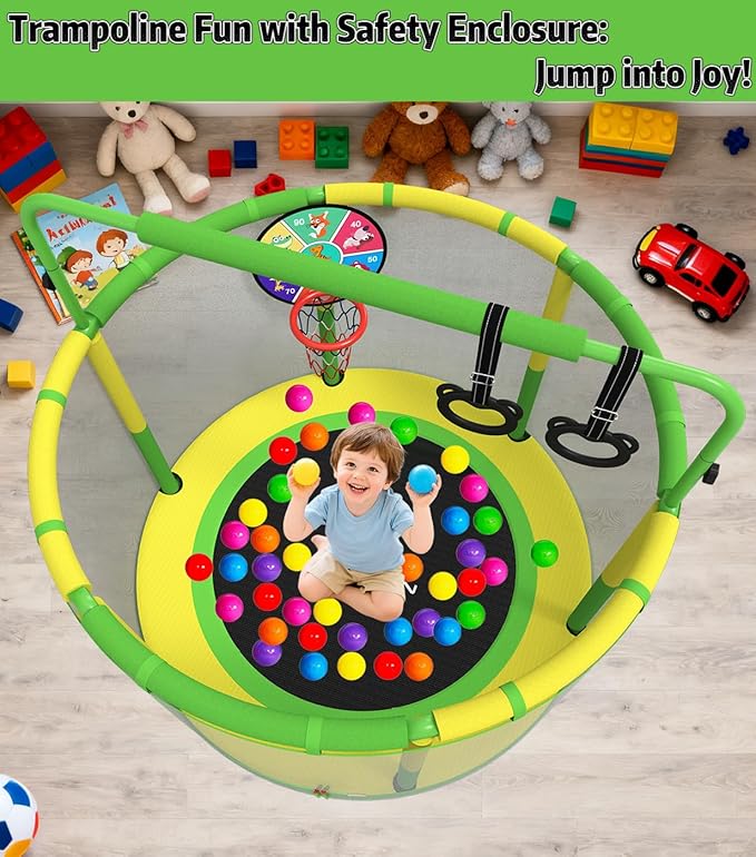 LANGXUN 60" Trampoline for Kids, 5ft Toddler Mini 6-in-1 Trampoline Indoor Outdoor with Swing, Basketball Hoop, Dart Board, Rings, Christmas Toys Birthday Gifts for Girls Boys