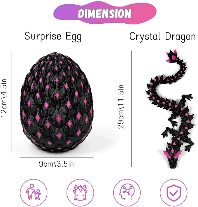 3D Printed Dragon Egg,Dragon Eggs Glow in with Dragon Inside Dark Articulated Animals Fidget Toy,Home Office Decor Executive Desk Toys for Autism/ADHD (Luminous Pink)