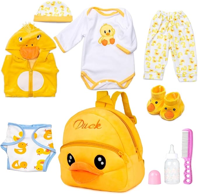 PEDOLLTREE Reborn Baby Dolls Clothes Accessories Yellow Duck 9pcs Set with Backpack Diaper for 17-22 Inch Reborn Doll Newborn Girl&Boy