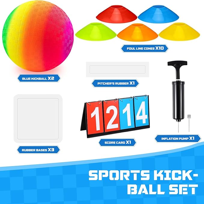 Huaerle 18 Pcs Sports Kickball Set Includes 2 Playground Ball with Air Pump 4 Rubber Throw Down Bases 10 Foul Line Cones and a Flip Scoreboard for Boys Girls Adults Playground School Backyard