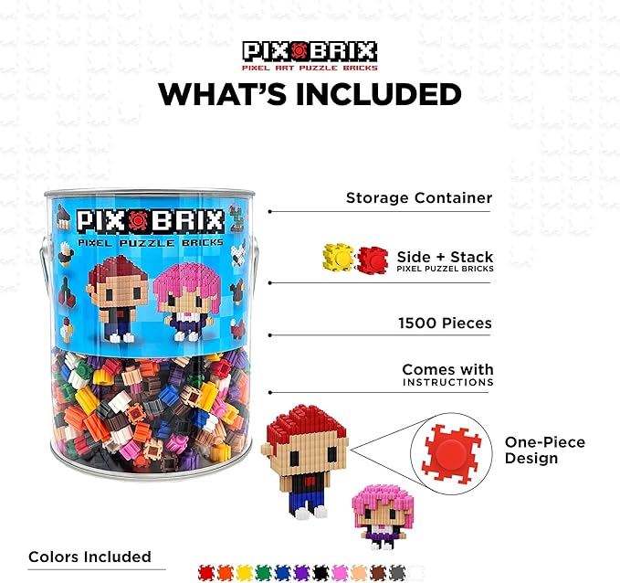 Pix Brix Pixel Art Puzzle Bricks Bucket – 1,500 Piece Pixel Art Kit with 12 Colors, Dark Palette – Interlocking Building Bricks, 2D and 3D Builds – Stem Toys, Ages 6 Plus