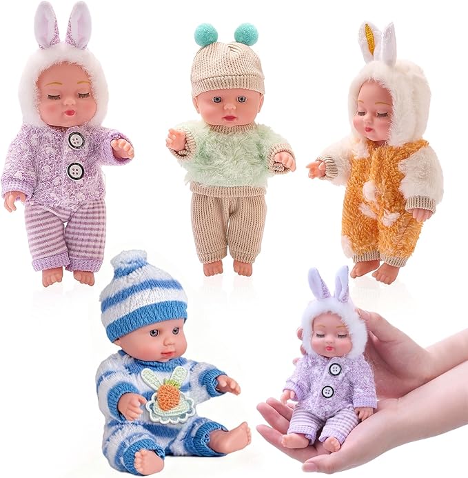 Halloscume 7 Inch Mini Baby Mini Reborn Doll Vinyl Full Body Lifelike Dolls Baby with Weighted Cloth Reborn Gift Set for Kids, Gifts for Christmas Kids(4 Pcs,Winter)
