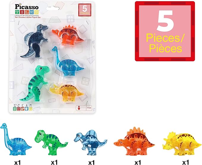 PicassoTiles Dinosaur Magnetic Tiles Accessory Set Mix and Match Dino Figure Parts for STEM Magnet Tile Construction Building Blocks Sets Creative Pretend Play Educational Toy for Kids Ages 3+ PTA28
