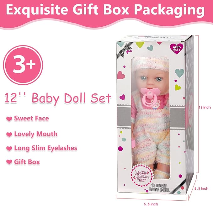12'' Baby Doll with Backpack in Gift Box, Baby Doll Accessories Set Included 12 Inch Cute Realistic Baby Dolls, Clothes, Carrier, Washcloth, Bottles, Nipple, Socks, Hats for 3+ Girls