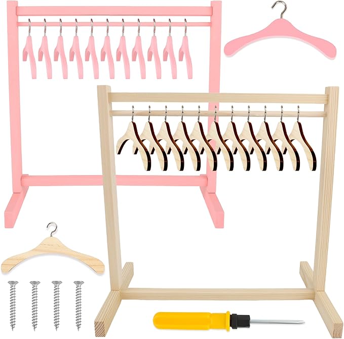26 Pcs Wood Doll Garment Rack with Wooden Clothes Hanger Mini Wooden Girl Doll Clothes Hanger Organizer Storage Shelf for 18 Inch Girl Doll Clothes Baby Dollhouse (Color Set 2)