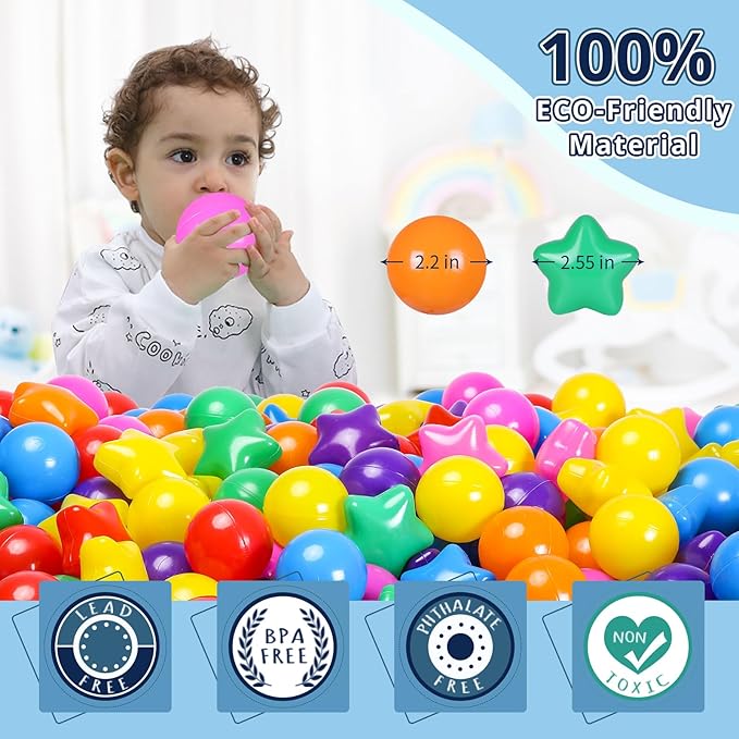 STARBOLO Ball Pit Balls - 500 Bulk Mixed Rainbow Stars Crush Proof Plastic Children's Toy Balls Star Ocean Balls for Birthday Party Christmas Water Toy Indoor Outdoor