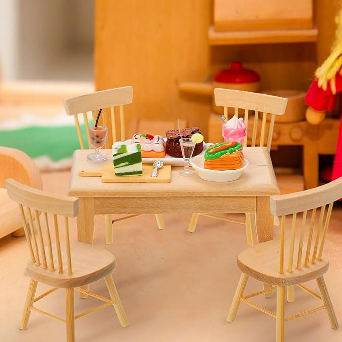 HyDren 74 Pcs 1:12 Scale Dollhouse Miniature Food with Wooden Dollhouse Furniture of Table and Chair, Mini Kitchen Accessories Sets Include Mini Milk Juice Knife Fork Spoon Dessert Cake BBQ