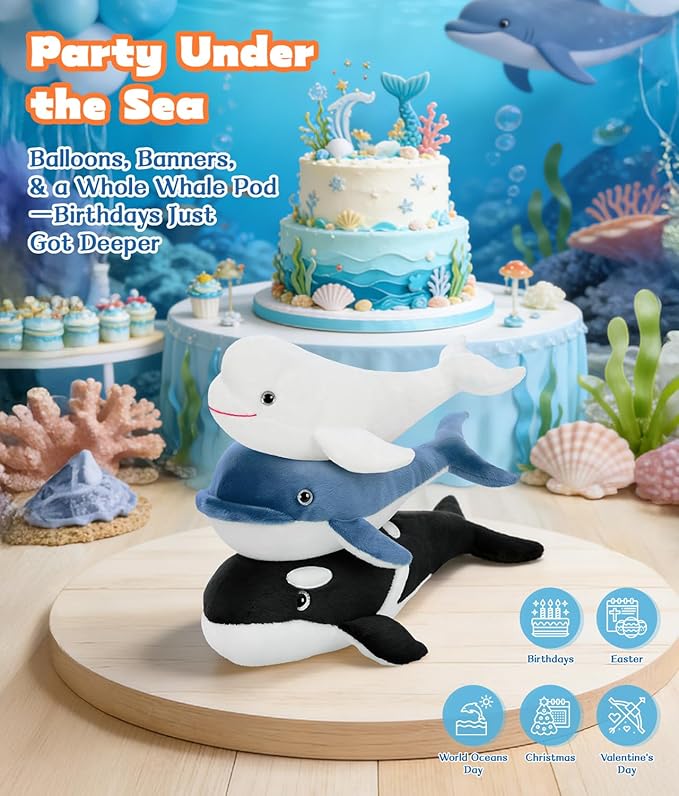 Tezituor Whale Stuffed Animal,3PCS Whales Plush Toys Set,Orca Whale,Beluga Whale,Blue Whale,Gifts for Kids Boys Girls Christmas Birthday