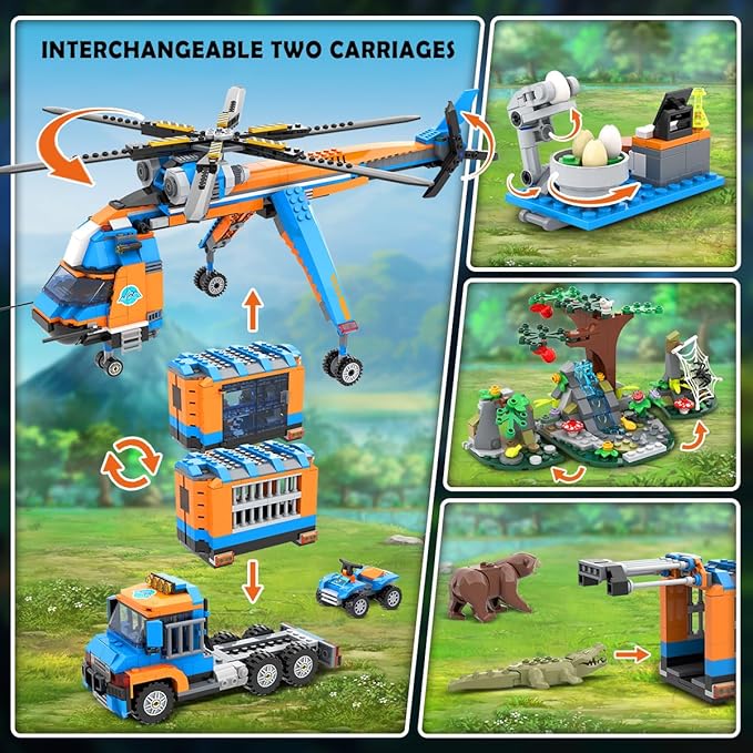 City Jungle Adventurer Helicopter Building Toys - 1356PCS Forest Truck Adventure Building Set with Car Crocodile Brown Bear Wildlife Rescue Blocks Playset Easter Gift for Kids Boys 6+