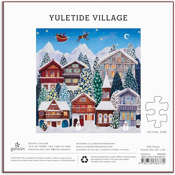 Galison Yuletide Village 500 Piece Puzzle from Galison - Featuring Colorful and Charming Illustrations of a Festive Winter Village, 20" x 20", Makes a Wonderful