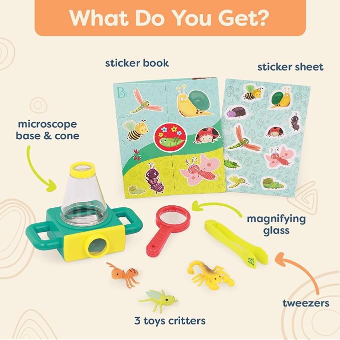 B. toys – 9 Pieces Toy Microscope Set with Sticker Book, Magnifying Glass & Tweezers, Includes 4 Toy Bugs for Little Explorers, STEM Learning, Educational Toys for Kids 4+ Years
