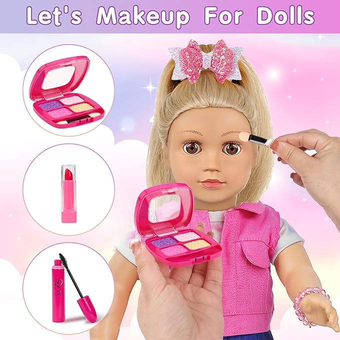 18 Inch Girl Doll Makeup Accessories Set and Clothes, Fit 18 inch Dolls, Suitcase Clothes Bag Hairband Eyeshadow Mascara Brush Lipstick Bracelet Sunglasses Hair Clips (Dolls and Shoes Not Included)