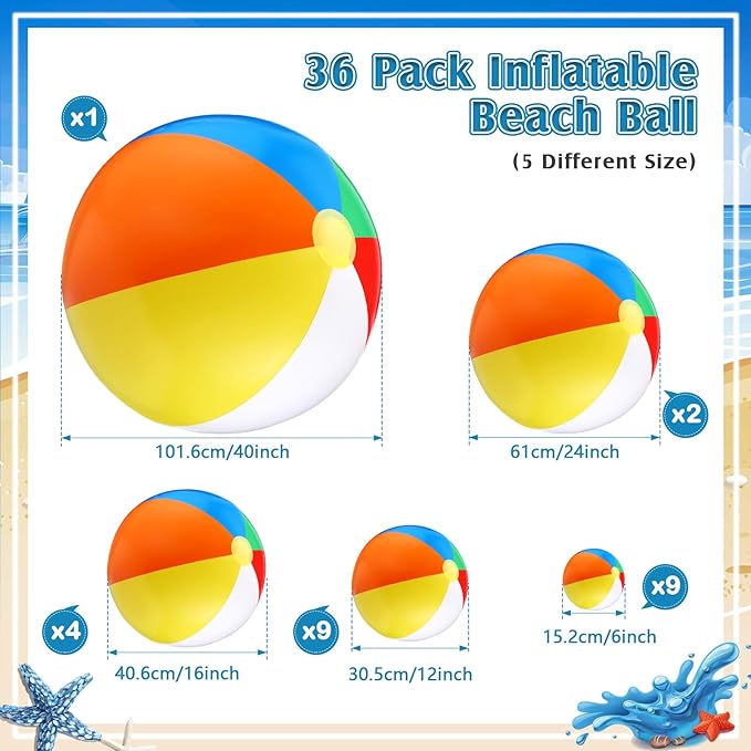 Realspring 36 Pcs Inflatable Beach Balls Bulk 6" 12" 16" 24" 40" Multiple Sizes PVC Summer Swimming Pool Ball for Adults Outdoor Beach Hawaii Water Games Party Decorations