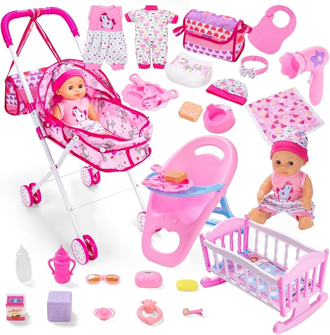 Baby Doll Stroller Play Set with 12.5" Baby Dolls, 28 Pcs Pretend Role Play Doll Accessories Including Crib, Dining Chair, Doll Clothes, Sunglass, Handbag for Girls Toddlers 3-5 4-6 5-7