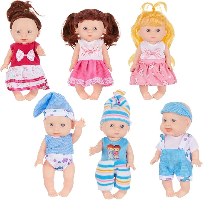 Halloscume 7 Inch Mini Baby Mini Reborn Doll Vinyl Full Body Lifelike Dolls Baby with Weighted Cloth Reborn Gift Set for Kids, Gifts for Christmas Kids(8 Pcs,Cute)