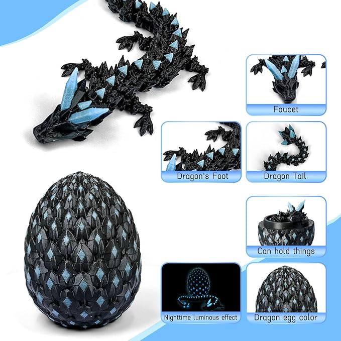 3D Printed Dragon Egg,Dragon Eggs Glow in with Dragon Inside Dark Articulated Animals Fidget Toy,Home Office Decor Executive Desk Toys for Autism/ADHD (Luminous Blue)