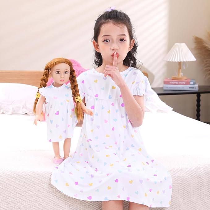 ICOSY Matching Doll & Girls Nightgowns Clothes Girls Pajamas Sleepwear Outfit for Kids and 18" Girl Doll