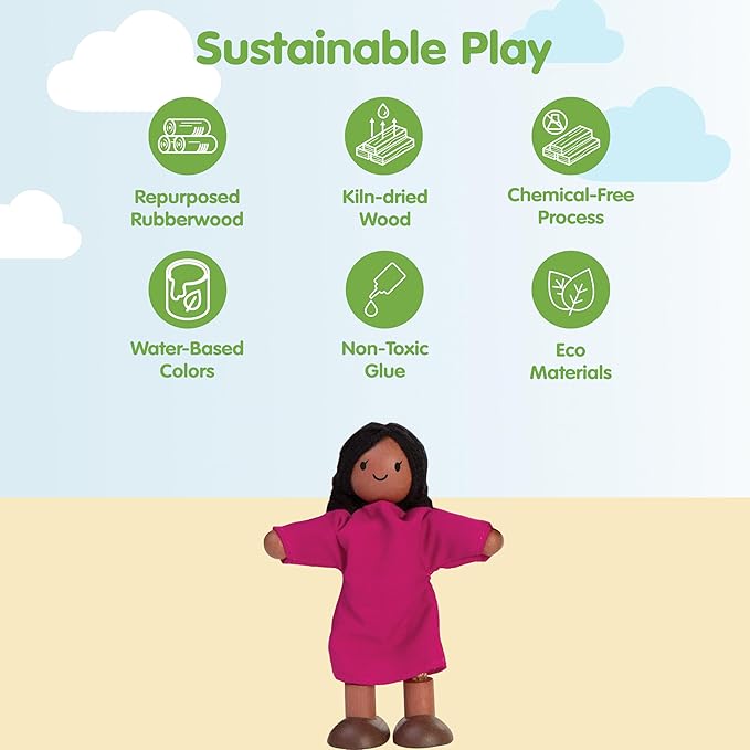 PlanToys® Girl Wooden Dollhouse Figurine | Poseable 1:12 Scale Mini Doll (4 Inch) | Dollhouse Accessories for Pretend Play | Eco-Friendly Montessori Toy for Kids Ages 3+