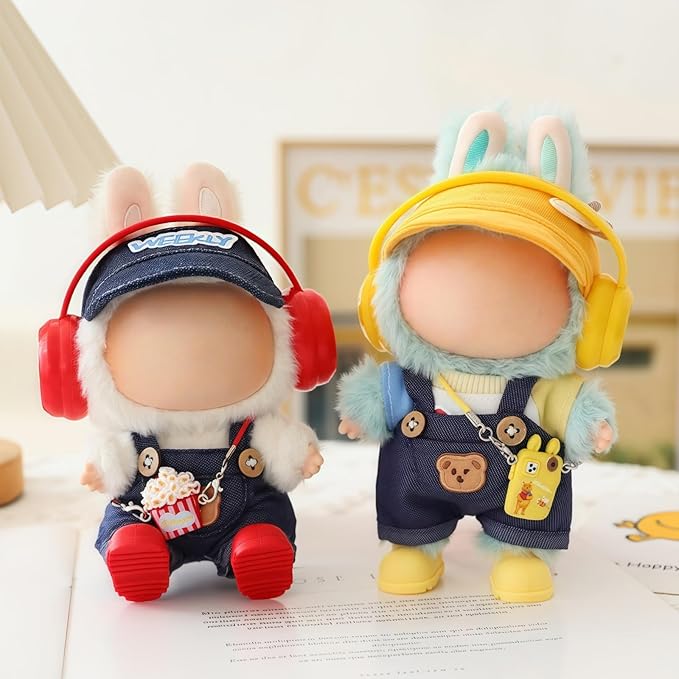 Clothes for Lu bubu 17cm Dolls(No Doll) Accessories, Stylish Kawaii Overalls Outfit Headphones Set 5 Pieces Suitable for 17cm Dolls , Doll Hat Headset Boots Clothing Set Replacement