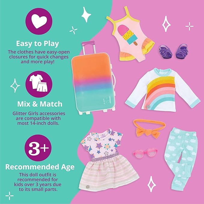 Glitter Girls – 14-Inch Doll Clothes & Accessories– Suitcase & Fashion Set – Luggage with 3 Mix & Match Outfits & Heart Glasses – Rainbow Pajama, Swimsuit, Star – Print Dress – 3+ Years