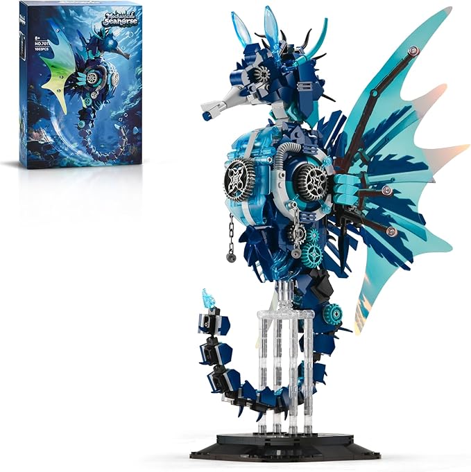 BNG Mechanical Seahorse Building Set for Adult,Movable Ocean Animal with Display Stand,Sea Fish Building Block Toy,Home Decor Gift for Adults Teens Kids Boys Ages 8+(1003PCS)