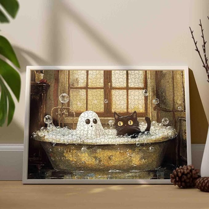 1000 Pieces Halloween Jigsaw Puzzles for Adults,Cute Little Devil Black Cat Bathroom Puzzles, Unique Home Decor Gifts for Friends and Family Wall Decor 19.7 x 27.6 Inch
