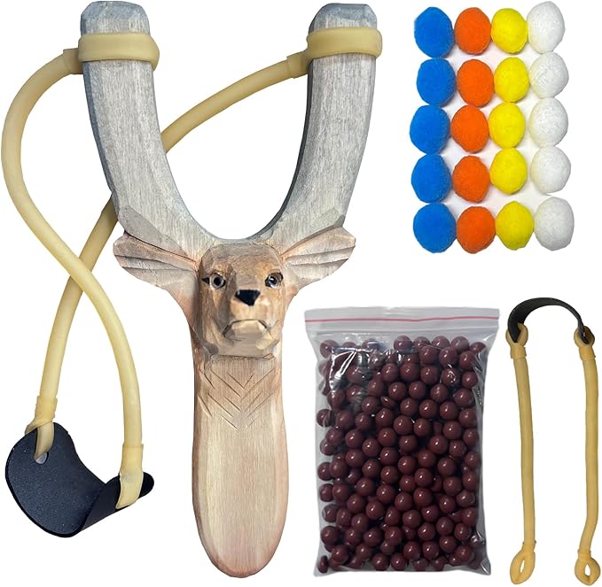 LINJAY Wooden Slingshot with Personalized Carvings, Clay Balls & Pompoms, for Indoor/Outdoor Games, Hunting, Suitable for Adults & Kids