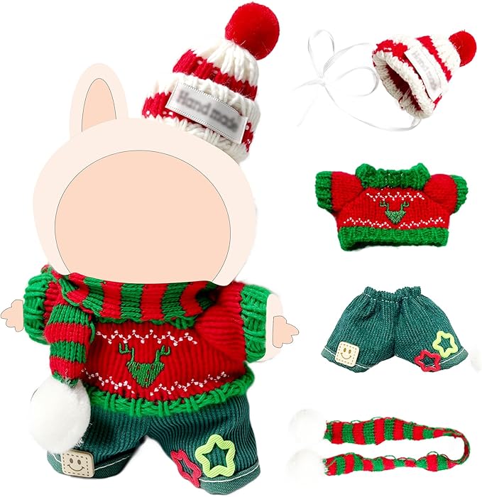 17cm Doll Clothes,Christmas Sweater Hat for Dolls Accessories,Winter Clothes for Dolls Outfit,Christmas Clothes Set (No Doll)(Red Sweater +Green)