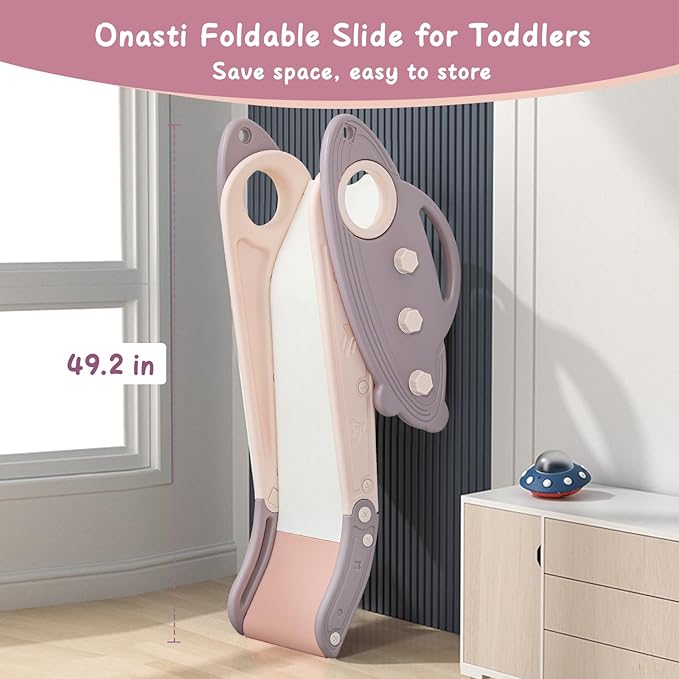Onasti Kids Slide for Toddlers Age 1-3 Indoor Baby Plastic Slide Outdoor Climber Freestanding Playset with Basketball Hoop & Ring Game Pink