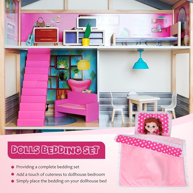 Mini Dollhouse Bedding Set 3 Piece for Dolls with Mattress Pillow Comforter Soft Fabric Dollhouse Bedroom Accessories 11.22X10.43 Inch